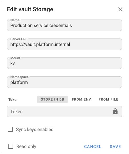 HashiCorp Vault storage configuration in Semaphore UI.