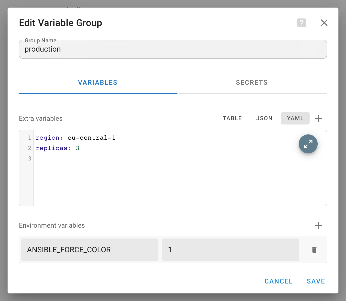 YAML モードの変数グループエディター